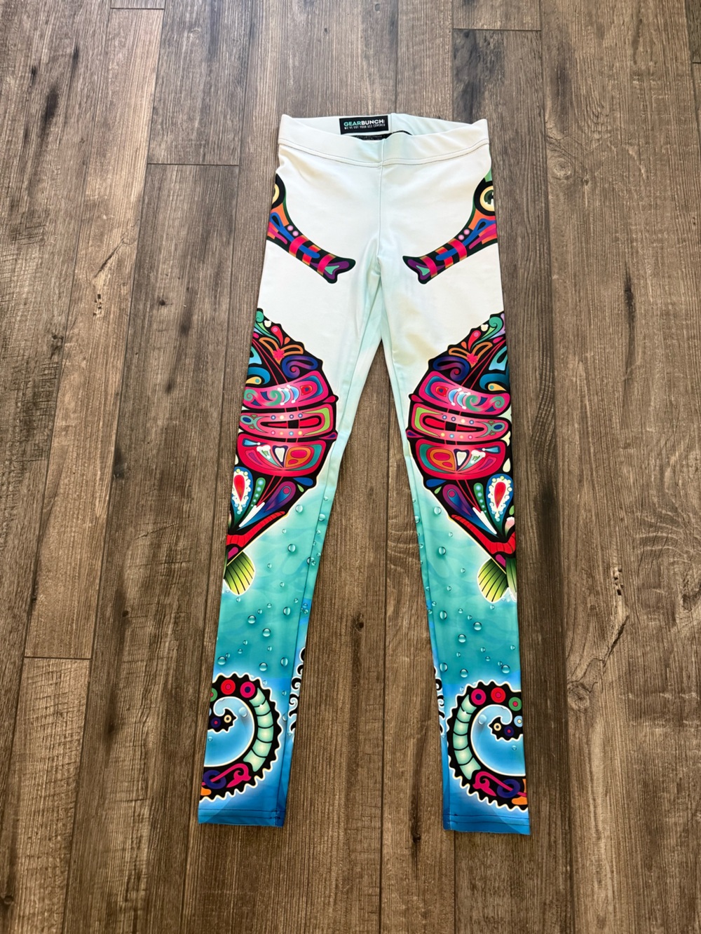 White & Aqua Seahorse Print Leggings byGearbunch